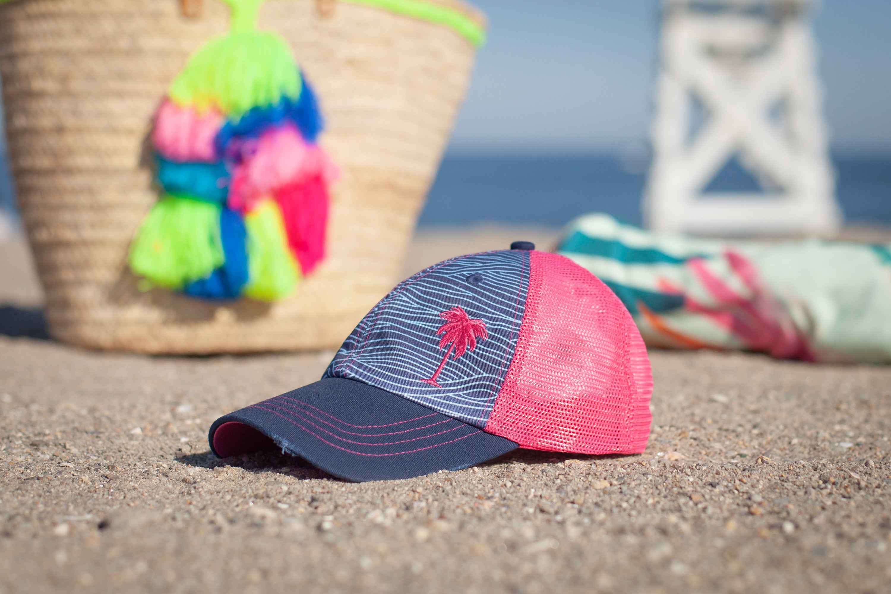 Women’s Hats, Women’s Trucker Hats, Trucker Hats, Hats, Adjustable Hats, Everyday Use, Comfortable, Waves, Palm Tree, Pattern, Beach, Outdoors