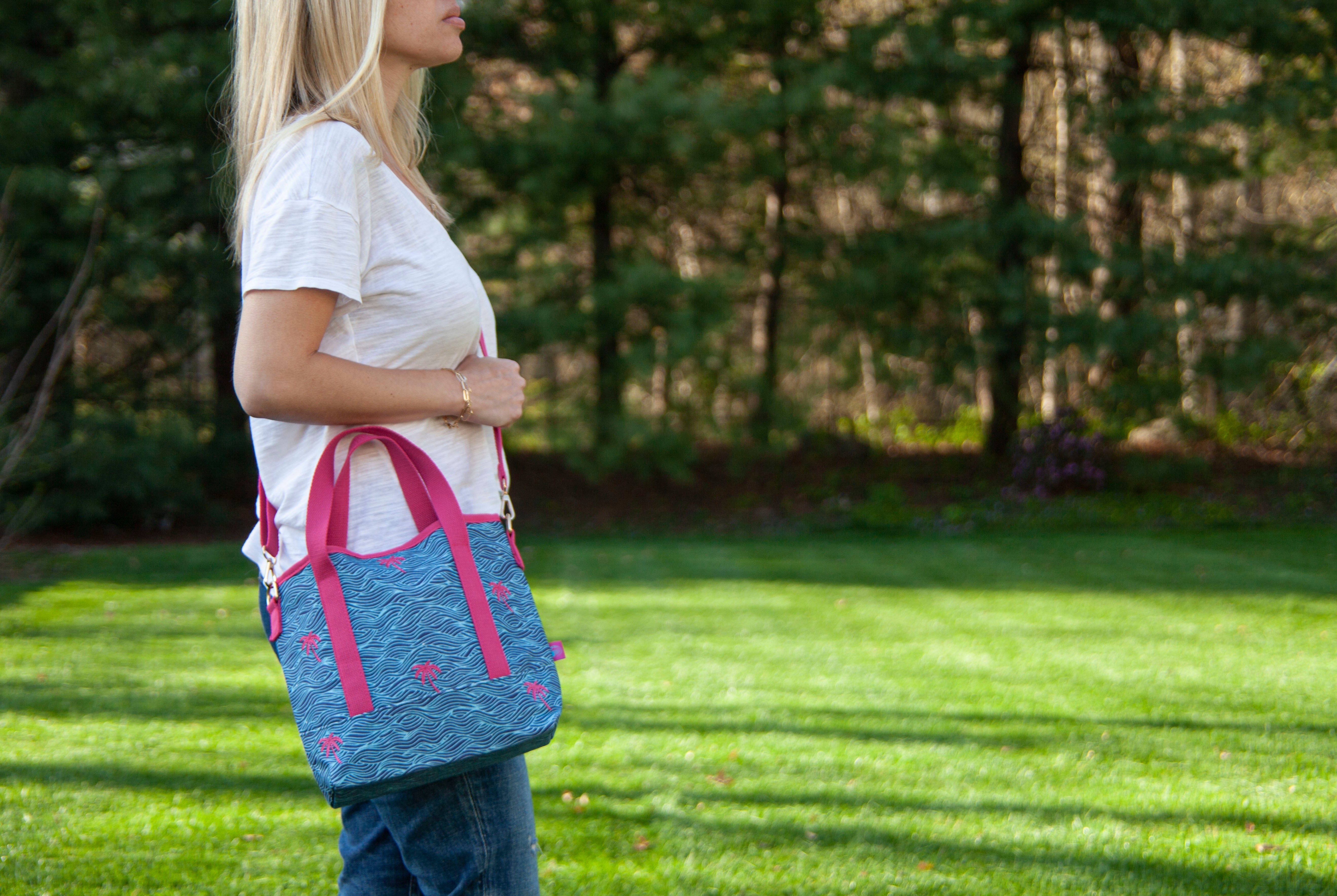 Shady Lady Mini Tote, Mini Tote Bag, Bag, Canvas Bag, Everyday Bag, Adjustable Crossbody Strap, Magsnap Closure, Summer Mini Bag, Palm Tree, Waves, 100% Cotton, Pattern, Everyday Use