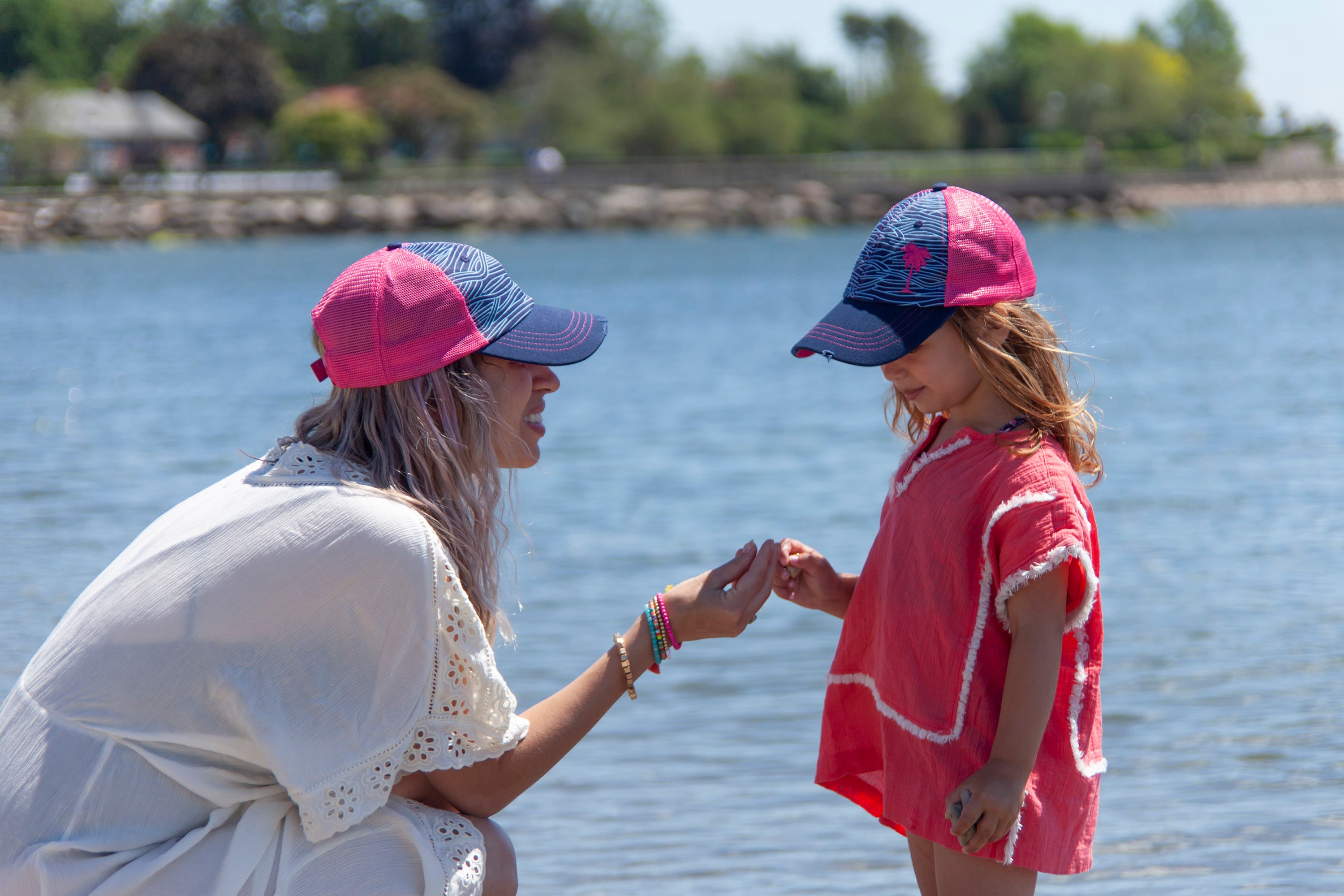 Kid’s Hats, Kid’s Trucker Hats, Trucker Hats, Hats, Adjustable Hats, Everyday Use, Comfortable, Palm Tree, Waves, Shady, Pattern, Family Outings, Matching Hats, Mom and Child, Beach Days, Adventures Await