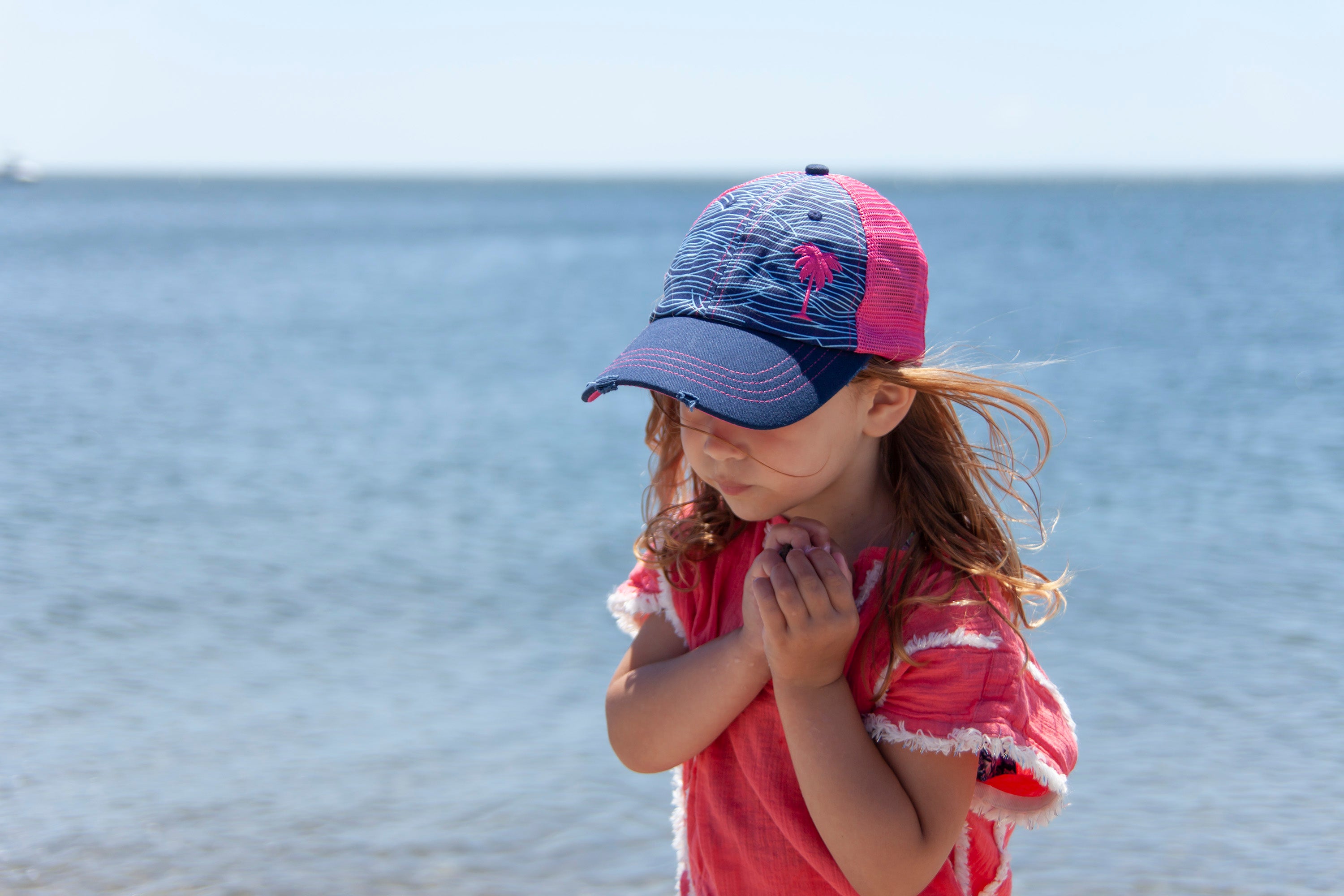 Kid’s Hats, Kid’s Trucker Hats, Trucker Hats, Hats, Adjustable Hats, Everyday Use, Comfortable, Palm Tree, Waves, Shady, Pattern, Family Outings, Beach Days, Adventures Await