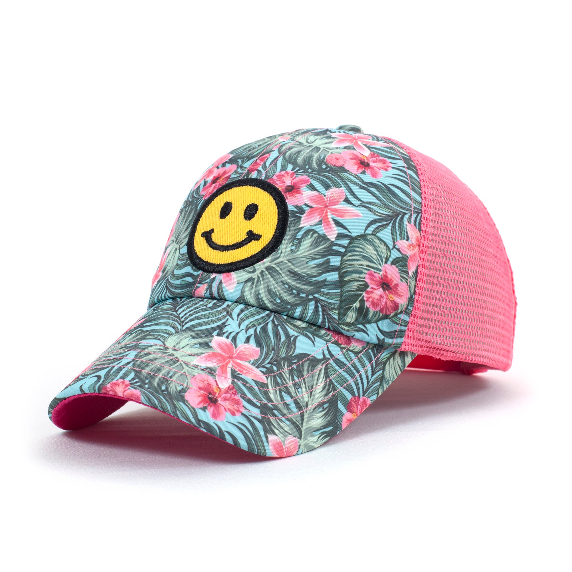 Women’s Hats, Women’s Trucker Hats, Trucker Hats, Hats, Adjustable Hats, Everyday Use, Comfortable, Happy Face, Hawaiian, Pink Flowers, Pattern