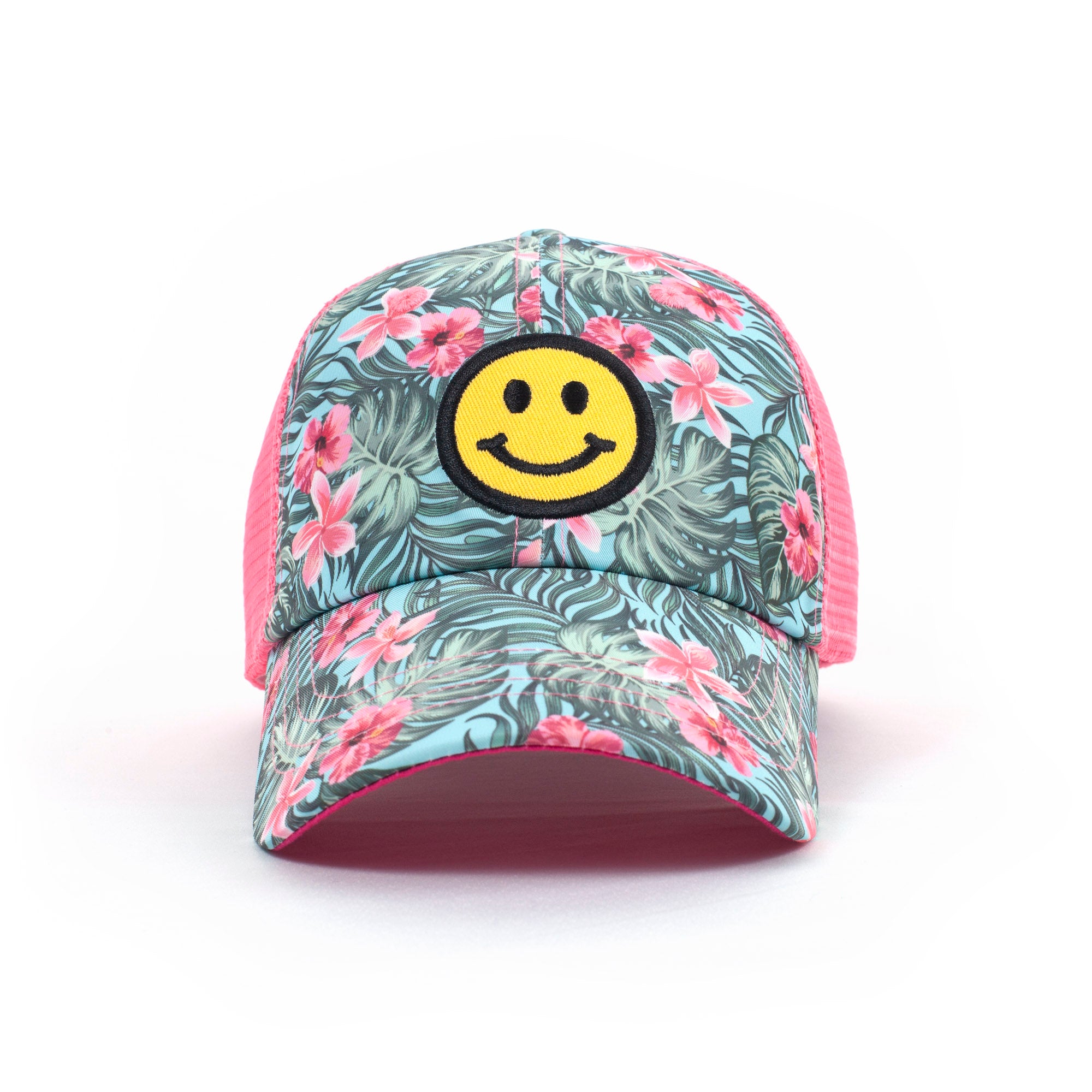 Women’s Hats, Women’s Trucker Hats, Trucker Hats, Hats, Adjustable Hats, Everyday Use, Comfortable, Happy Face, Hawaiian, Pink Flowers, Pattern
